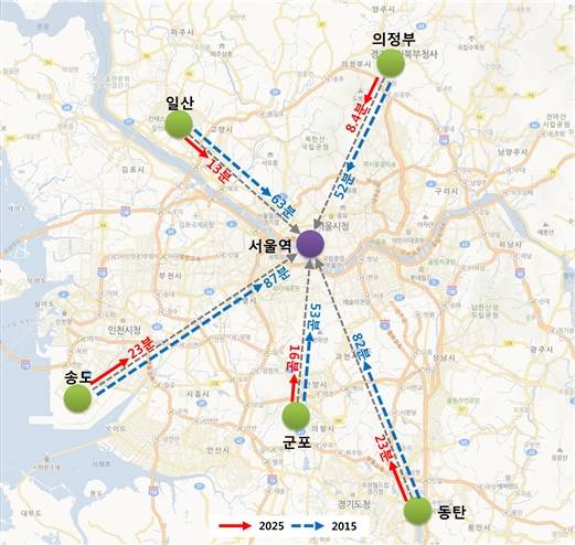 수도권광역급행열차(GTX)로 인한 수도권 주요지역 통행시간 변화/뉴시스