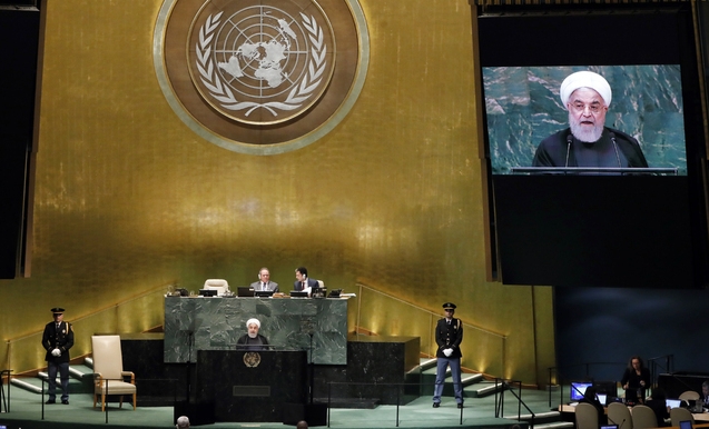 하산 로하니 이란 대통령이 25일(현지시간) 유엔 총회에서 연설하고 있다. /뉴시스