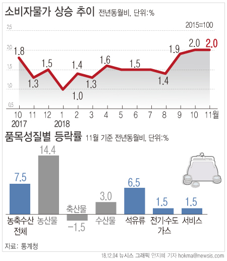 지난달 소비자물가지수는 104.73(2015=100)로 전년 동월 대비 2.0% 상승했다.(뉴시스)