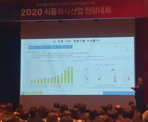 28일 서울 aT센터에서 열린 '2020 식품외식산업 전망대회'에서 문정훈 서울대교수가 내년 식품 트렌드 전망에 대해 발표하고 있다