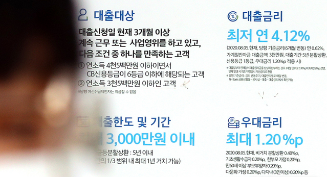 은행 가계대출이 2월말 기준 사상 처음으로 1000조원을 돌파한 10일 오후 서울시내 한 은행 지점에 대출 상품 안내문이 붙어있다. 한국은행에 따르면 2월말 기준 은행 가계대출 잔액은 1003조 1000억원에 이르는 것으로 나타났다.