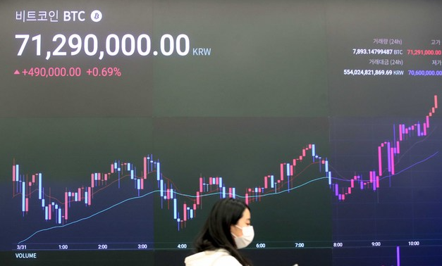비트코인 시세가 다시 7000만원을 넘어 31일 오전 서울 강남구 업비트 라운지에서 직원이 가상화폐 시세를 살펴보고 있다.