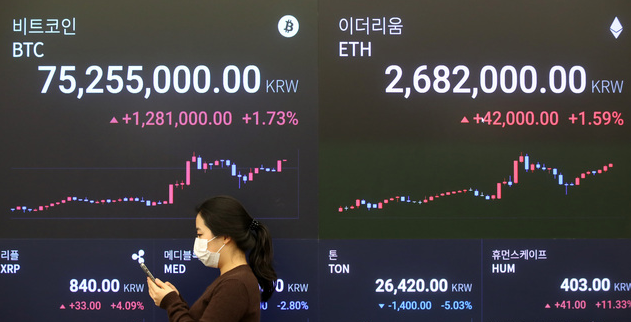 주말 동안 7100만원대까지 떨어졌던 비트코인 시세가 큰 등락폭을 보이며 7500만원대로 반등한 5일 오전 서울 강남구 업비트 라운지에서 직원이 가상화폐 시세를 살펴보고 있다.