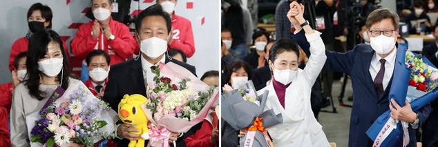 오세훈 국민의힘 서울시장 후보와 박형준 부산시장 후보가 8일 새벽과 7일 밤 각각 서울 여의도 중앙당사와 부산진구 선거사무소에서 당선이 확실시 되자 배우자와 함께 환호하고 있다. 왼쪽부터 오 후보 부인 송현옥 씨, 오 후보, 박 후보 부인 조현 씨, 박 후보. 