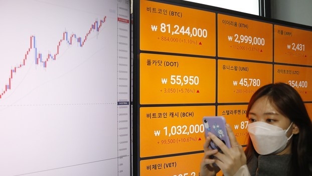 지난 14일 서울 빗썸 강남고객센터에서 직원이 가상화폐 시세를 확인하고 있다.
