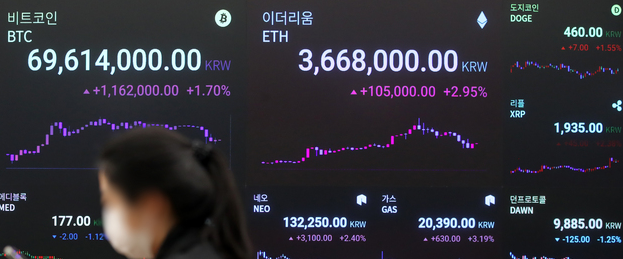 대표적인 알트 암호화폐 이더리움 가격이 연일 신고가를 경신하고 있는 지난 3일 오후 서울 강남구 암호화폐 거래소 업비트 라운지에 설치된 전광판에 비트코인과 이더리움 가격이 표시되고 있다.