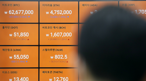 테슬라의 비트코인 결제 중단 선언이후 암호화폐 시장에 충격이 계속된 14일 오전 서울 강남구 빗썸 강남고객센터 전광판에 비트코인 시세가 표시되고 있다.