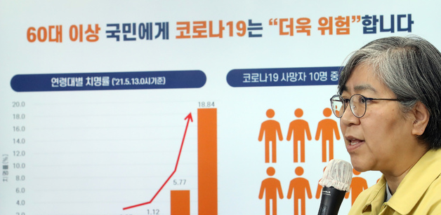 정은경 중앙방역대책본부장(질병관리청장)이 지난 13일 오후 충북 청주 질병관리청에서 안전한 예방접종 특집 브리핑을 통해 60세 이상 국민들의 예방접종 중요성을 강조하고 있다.