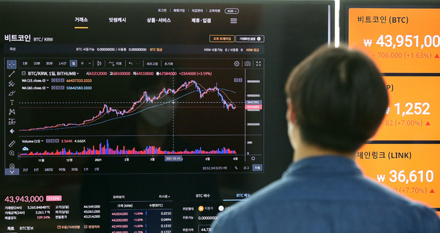 대표 암호화폐 비트코인이 소폭 반등해 4300만원대에서 움직인 지난 6월 1일 서울 빗썸 강남고객센터 모니터에 암호화폐 시세가 표시돼 있다.