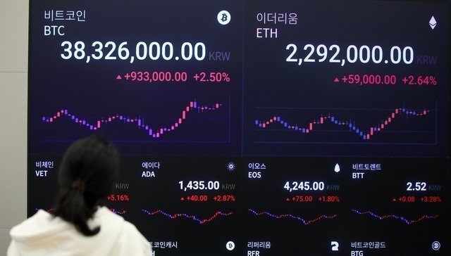 지난 22일 오전 서울 강남구 암호화폐거래소 업비트 라운지에 비트코인과 알트코인(비트코인을 제외한 모든 암호화폐)시세가 표시되고 있다.