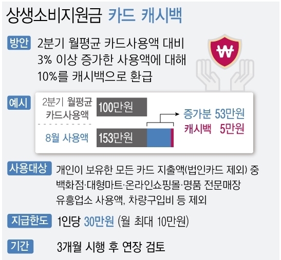 <자료: 기획재정부> 정부는 카드사용액 증가분을 캐시백으로 환급해주는 '상생소비지원금'을 신설한다. 개인이 보유한 신용·체크카드 지출에 해당하며, 백화점·대형마트·온라인쇼핑몰·명품전문매장·유흥업소, 차량구입비 등은 제외한다.