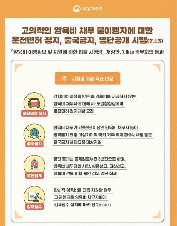양육비 이행확보 및 지원에 관한 법률 시행령 주요 내용. 6일 여성가족부에 따르면 오는 13일부터 양육비를 고의로 지급하지 않은 비양육부모는 운전면허가 정지된다. (사진=여성가족부 제공) 