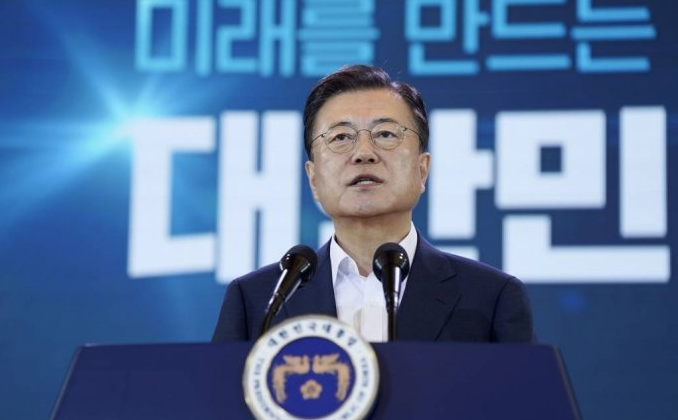  문재인 대통령이 14일 청와대 영빈관에서 열린 ‘한국판 뉴딜 2.0 미래를 만드는 나라 대한민국’에서 기조연설을 하고 있다. (사진=청와대 제공)