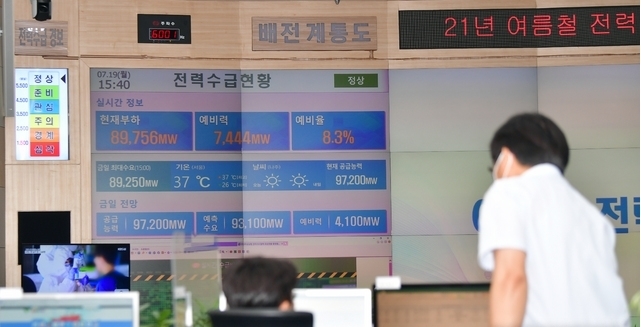 전국 대부분지역에 폭염특보가 내려진 14일 오후 전남 나주시 빛가람동 한국전력 종합상황실에서 직원들이 전국 전력수급현황을 살펴보고 있다. 2021.07.14.