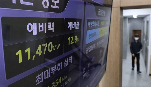 서울 중구 한국전력공사 서울본부 별관 로비에 설치된 모니터에 전력수급현황이 표시되고 있다. 2021.07.23