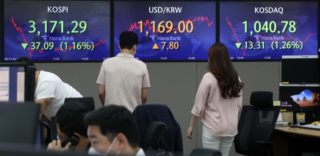 13일 코스피는 전 거래일(3208.38)보다 37.09포인트(1.16%) 하락한 3171.29에, 코스닥지수는 전 거래일(1054.09)보다 13.31포인트(1.26%) 내린 1040.78로 마쳤다. 13일 오후 서울 중구 하나은행 딜링룸에서 딜러들이 업무를 보고 있다. 서울 외환시장에서 원·달러 환율은 전 거래일(1161.2원)보다 7.8원 오른 1169.0원에 마감했다. 