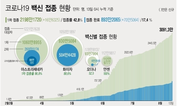 ※예방접종등록에 따라 변동 가능한 잠정 통계 ※2020년 12월 행정안전부 주민등록인구현황(거주자) 기준<br>
※얀센 백신 경우 1회 접종만으로 접종 완료 <자료: 질병관리청> 13일 코로나19 예방접종대응추진단에 따르면 2월26일부터 전날까지 168일간 누적 1차 접종자는 전날보다 16만6325명 증가한 2198만1720명이다. 전체 인구 대비 42.8%다.