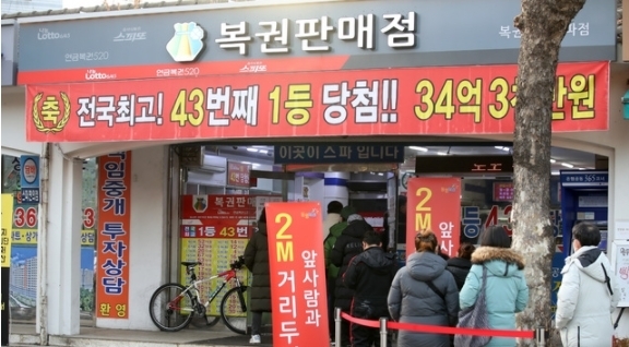 서울 시내의 한 복권판매점에서 시민들이 로또 등 복권을 구입하기 위해 줄을 서고 있다. 2021.01.14.