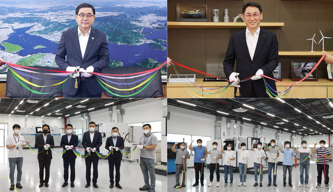 두산중공업이 온라인으로 진행한 3D 프린팅 전용 팹 준공식 행사에서 허성무 창원시장(왼쪽 위), 두산중공업 정연인 사장(오른쪽 위), 두산중공업 송용진 부문장(왼쪽 아래, 왼쪽에서 4번째), 두산중공업 3DP기술개발팀이 릴레이 테이프커팅을 진행하고 있다. (사진=두산중공업 제공)