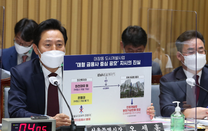  오세훈 서울시장이 19일 서울시청에서 열린 국회 행정안전위원회의 서울특별시 국정감사에서 의원 질의에 답변하고 있다. 