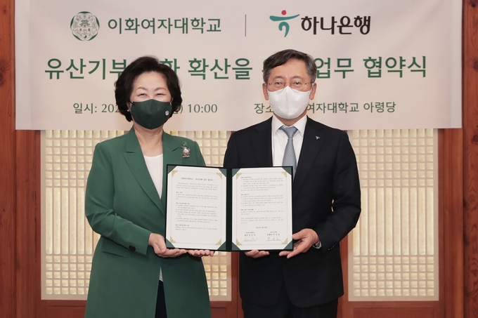 <strong>이화여자대학교 아령당에서 '유산기부 문화 확산을 위한 업무협약'을 체결했다. </strong><strong>업무협약식에 참석한 박성호 하나은행장(사진 오른쪽)과 김은미 이화여자대학교 총장(사진 왼쪽)이 기념 촬영을 하고 있다 ⓒ 파이낸셜데일리 / 하나은행</strong>