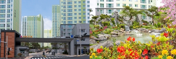 여수 웅천 마린파크 애시앙 단지 입구 (왼쪽), 마린파크애시앙 석가산 (오른쪽) ⓒ 파이낸셜데일리 / 부영그룹