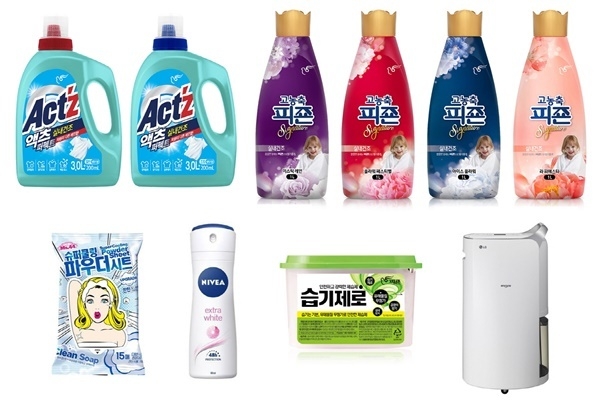 (좌로부터) 피죤 ‘액츠 퍼펙트 실내건조’, ‘고농축 피죤 시그니처 실내건조’, LG ‘휘센 듀얼 인버터 제습기’ 피죤 ‘습기제로’ 니베아 데오드란트 ‘엑스트라 화이트’, MS44 ‘슈퍼 쿨링 파우더 시트’. ⓒ 파이낸셜데일리 / 각 사 