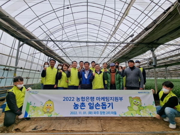 경기도 파주시 적성면 소재 자매결연 마을에서 NH농협은행 임동순 수석부행장(앞줄 오른쪽 세 번째)과 마케팅지원부 직원들이 농촌 일손돕기 실시 전 기념촬영을 하고 있다. ⓒ 파이낸셜데일리 / NH농협은행