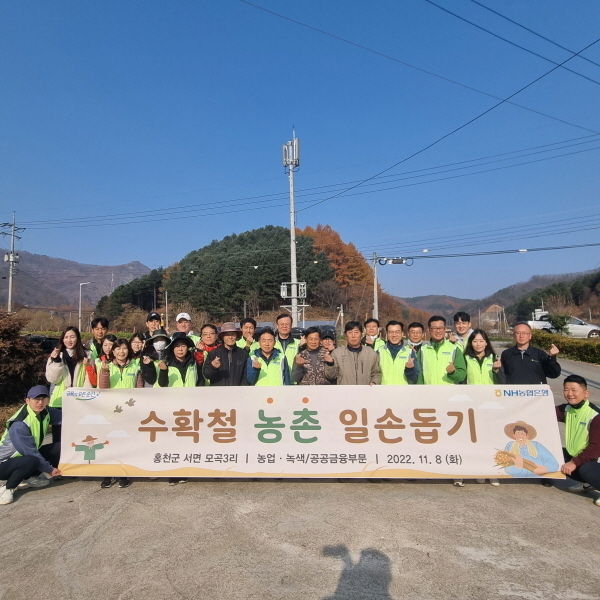 강원도 홍천군 모곡리 자매결연마을에서 NH농협은행 김춘안 부행장과 농업·녹색 및 공공금융부문 직원들이 수확철 일손돕기 실시 전 기념촬영을 하고 있다. ⓒ 파이낸셜데일리 / NH농협은행