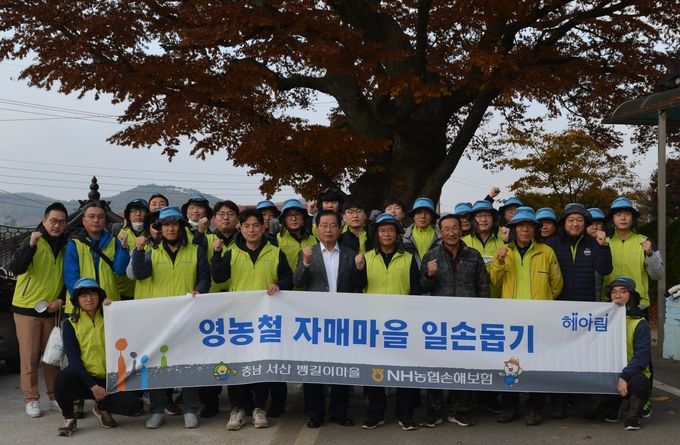 NH농협손해보험(대표이사 최문섭) 헤아림 봉사단은 지난 8일, 충남 서산시 소재 자매마을인 뱅길이 마을을 찾아 농촌 일손돕기를 실시했다고 9일 밝혔다. 서산농협 이상윤 조합장(앞줄 왼쪽 네번째)과 농협손보 신영수 경영기획부문 부사장(앞줄 왼쪽 다섯번째)이 헤아림봉사단 및 마을주민들과 기념촬영을 하고 있다. ⓒ 파이낸셜데일리 / NH농협손해보험