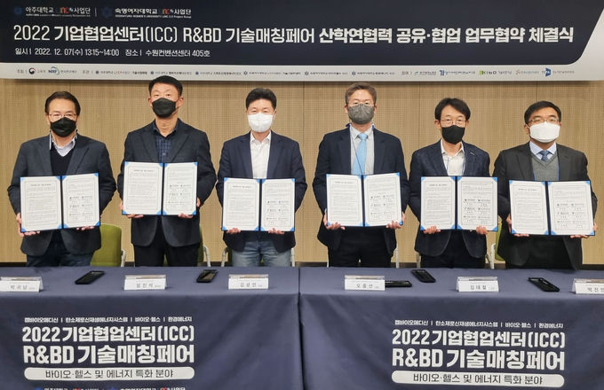 (오른쪽부터) 박진만 한국산업단지공단 경기지역본부장, 김대철 기술보증기금 경기지역본부장, 오중산 숙명여대 산학협력단장, 김상인 아주대 산학협력단장, 임진석 경기테크노파크 본부장, 박귀남 경기대진테크노파크 본부장 ⓒ 파이낸셜데일리 / 기술보증기금