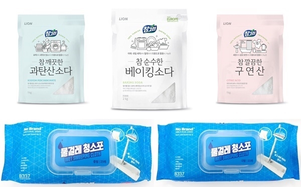 녹색소비자연대, 2022년도 제3차 ‘화학물질저감 우수제품’에 선정된 라이온코리아㈜ 세정제, 탈취제, 섬유유연제(위)와 ㈜이마트의 노브랜드 물걸레 청소포(아래). 