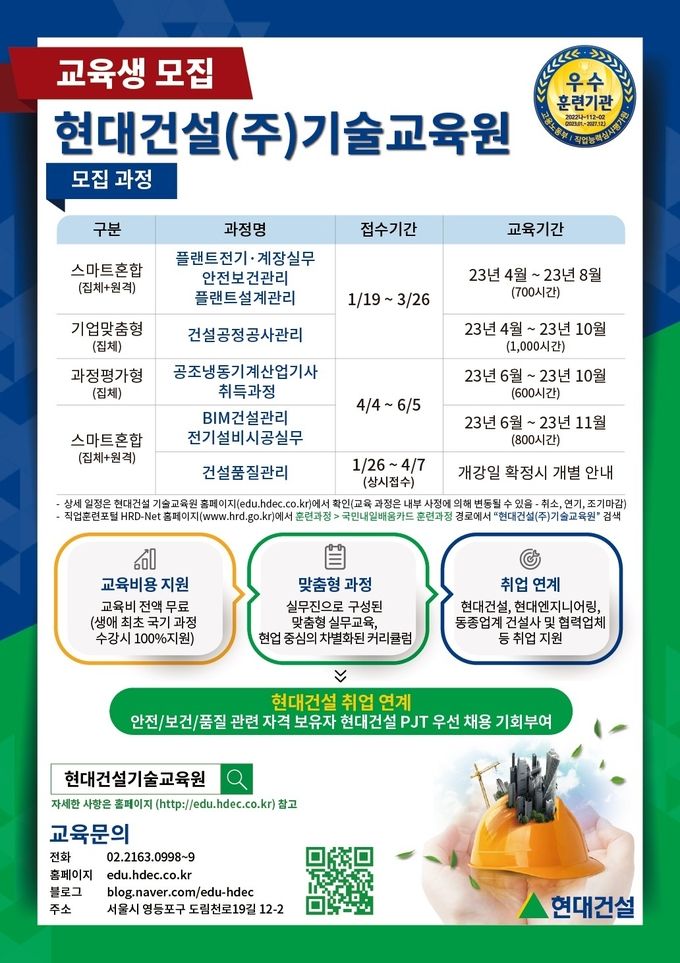현대건설, 2023년도 상반기 기술교육원 교육생 모집 ⓒ 파이낸셜데일리 / 현대건설
