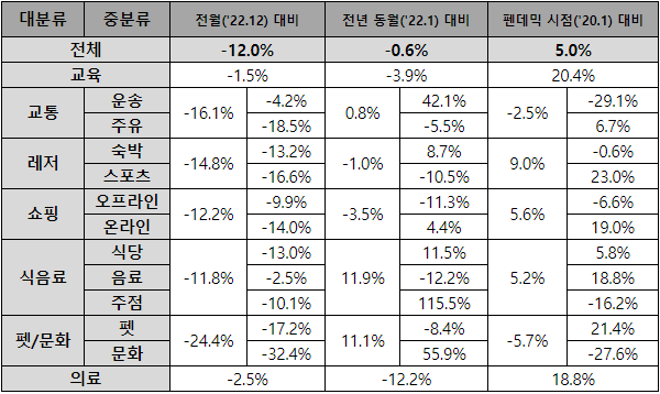 전월(’22.12), 전년 동월(’22.1) 및 펜데믹 시점(’20.1) 대비 ’23.1 매출 증감. ⓒ 파이낸셜데일리 / BC카드
