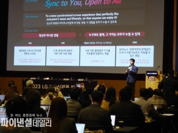 2023년형 LG TV 신제품 발표회에서 설명을 하고 있는 HE상품기획담당 백선필 상무 ⓒ 파이낸셜데일리 / 정경춘 기자