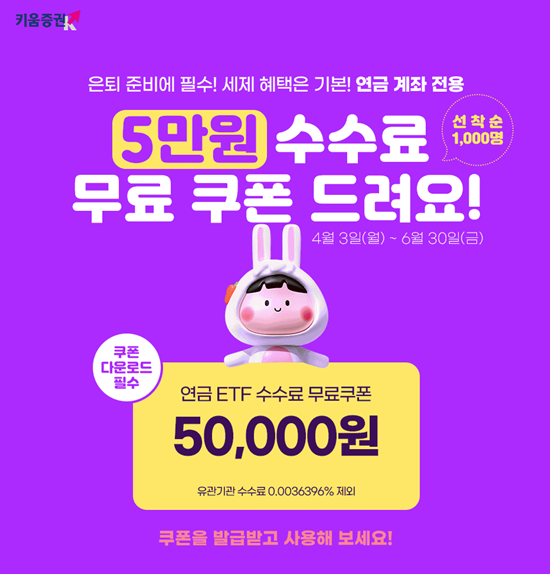 키움증권 ‘연금 ETF,5만원 수수료 할인 쿠폰을 드려요’ 이벤트 홍보 이미지. ⓒ 파이낸셜데일리 / 키움증권