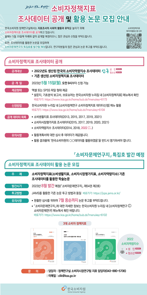 소비자정책지표 조사데이터 공개 및 활용 논문 모집 안내 포스터. ⓒ 파이낸셜데일리 / 한국소비자원