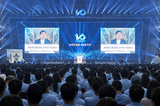 24일 무주 태권도원에서 진행된 'JB금융그룹 창립 10주년 기념행사' 에서 JB금융그룹 김기홍 회장 축사 장면 ⓒ 파이낸셜데일리 / JB금융그룹