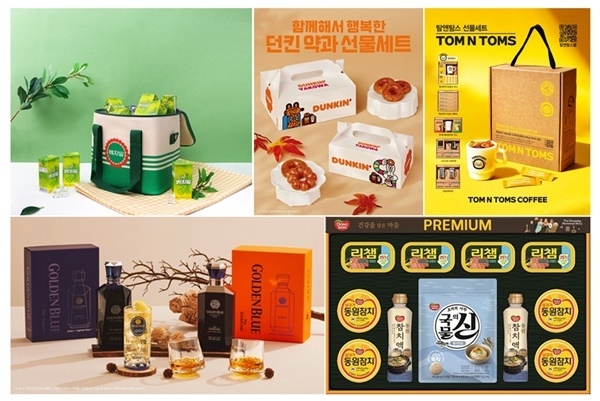 추석을 맞아 소비자 취향을 저격하는 이색 선물세트가 눈길을 끌고 있다. (사진 왼쪽 위부터 시계방향으로) 정식품 녹차베지밀, SPC던킨 ‘추석 선물세트’, 탐앤탐스 추석 선물세트’ 5종, 동원 F&B 재활용 폐플라스틱 활용한 추석선물세트, 골든블루 ‘골든블루 선물 세트’ 2종. ⓒ 파이닌셜데일리 / 각 사