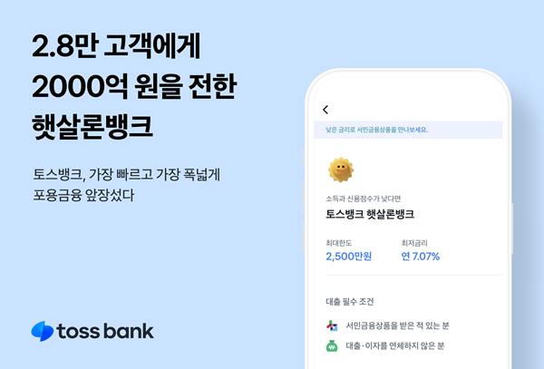 토스뱅크 '햇살론뱅크', 2000억 원 돌파. ⓒ 파이낸셜데일리 / 토스뱅크