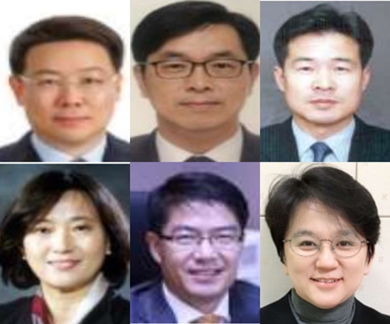 신한금융지주회사 경영진 위줄 왼쪽부터 그룹재무부문장 천상영, 그룹운영부문장 이인균, 리스크관리파트장방동권, 아래줄 왼쪽부터 소비자보호파트장 박현주(신한은행 겸직), 디지털파트장 김준환(신한은행 겸직), 감사파트장 김지온. ⓒ 파이낸셜데일리 / 신한금융지주