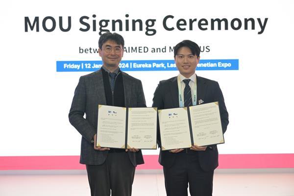 자이메드㈜(대표 박상민(좌))는 지난 1월 CES 2024에 참가해 엠에이치포커스(MHFocus)와 제품 양산을 위한 업무협약을 맺었다. ⓒ 파이낸셜데일리 / 자이메드