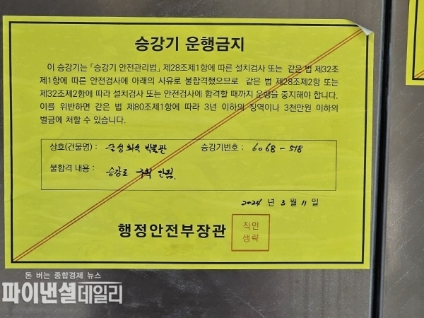 승강로 구획 안됨으로 운행금지 불합격 받은 E/V ⓒ파이낸셜데일리/박미화 기자