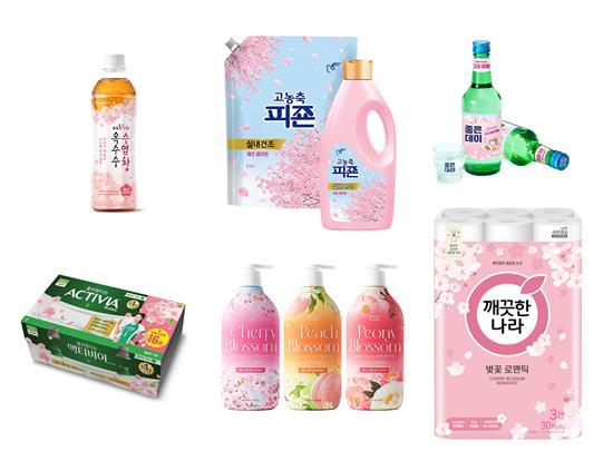 (좌측 상단부터 시계방향) '광동 옥수수수염차' 벚꽃 에디션, 피죤 '고농축 피죤 실내건조 체리블라썸', 무학 '좋은데이 벚꽃 한정판', '깨끗한나라 벚꽃 로맨틱', 해피바스 '블로썸 바디워시', 풀무원다논 '액티비아 컵 플레인 봄 특별기획팩'. ⓒ 파이낸셜데일리 / 각 사
