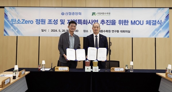 신협중앙회가 28일(화) 국립세종수목원과 ‘탄소 Zero 정원 조성 및 지역특화 사업 추진’을 위한 업무협약을 체결했다. (좌측부터) 국립세종수목원 신창호 원장, 신협중앙회 우욱현 관리이사. ⓒ 파이낸셜데일리 / 신협중앙회