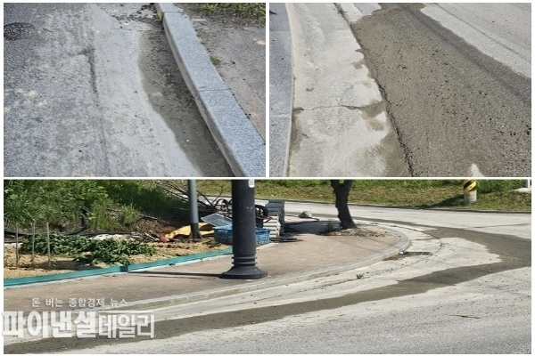 (주)삼보레미콘에서 콘크리트 원료 및 폐수(오니)가 도로를 타고 십수년간 인근 우수관을 통해 흘러 들고 있는 심각한 현장 ⓒ파이낸셜데일리/박미화 기자