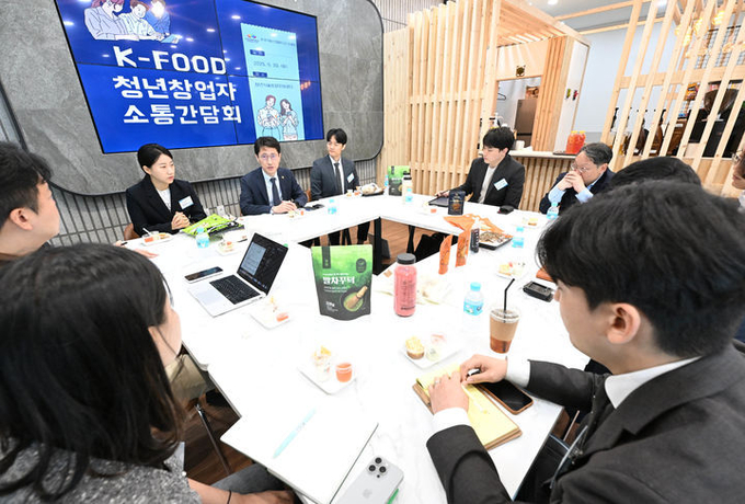 김윤상 기획재정부 2차관이 20일 전북 익산시 한국식품산업클러스터진흥원 청년식품지원센터를 방문해 청년 창업인들과 간담회를 하고있다. ⓒ 파이낸셜데일리 / 기재부 