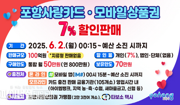 카드형 및 모바일 포항사랑상품권(이하 포항사랑카드) 100억원 규모 7% 할인된 가격 판매ⓒ파이낸셜데일리/포항시