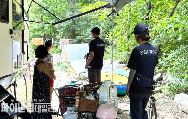 2024년 8월 경북 울진군 금강송면 일대에서 산림특별사법경찰이 불법시설물 설치 및 산림 내 취사 행위에 대한 단속을 실시하고 있다.ⓒ파이낸셜데일리/남부청