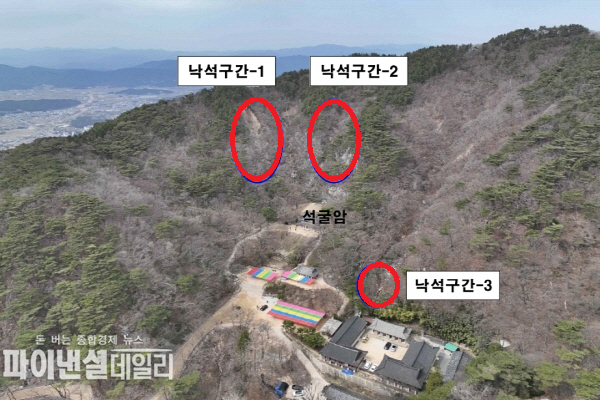 경주 석굴암 상단과 주변에서 낙석이 발생한 구간(1·2·3)이 표시된 모습 ⓒ파이낸셜데일리/경주시